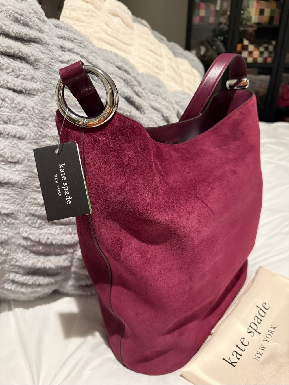 Large Suede Ring-Handle Hobo Bag in Wine